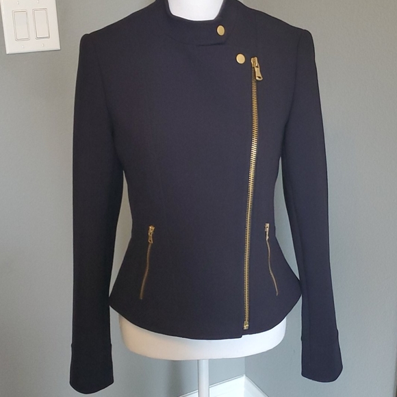 Navy moto jacket slight peplum sz 2 - Picture 3 of 7